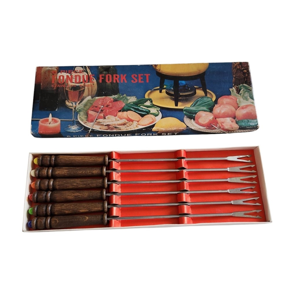Vintage Set of 6 Fondue Forks‎ Japan Stainless Steel Teak Wood MCM Colored Tips